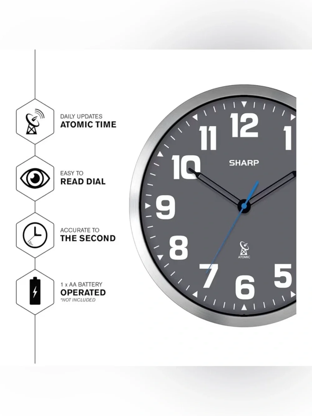 Sharp Gray Wall Clock with Silver Frame